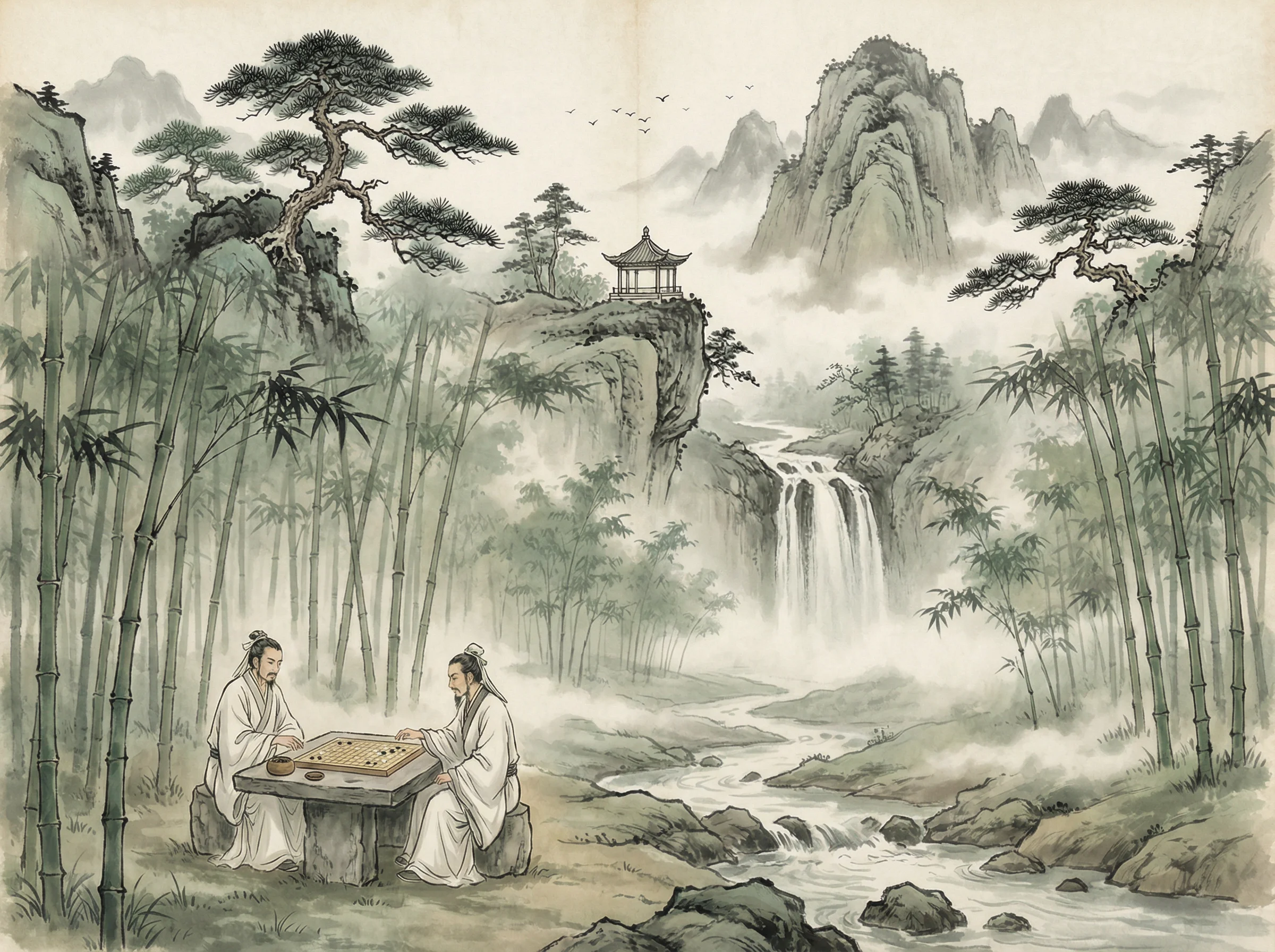 水墨山水画，松亭瀑布，天元棋牌 意境延伸