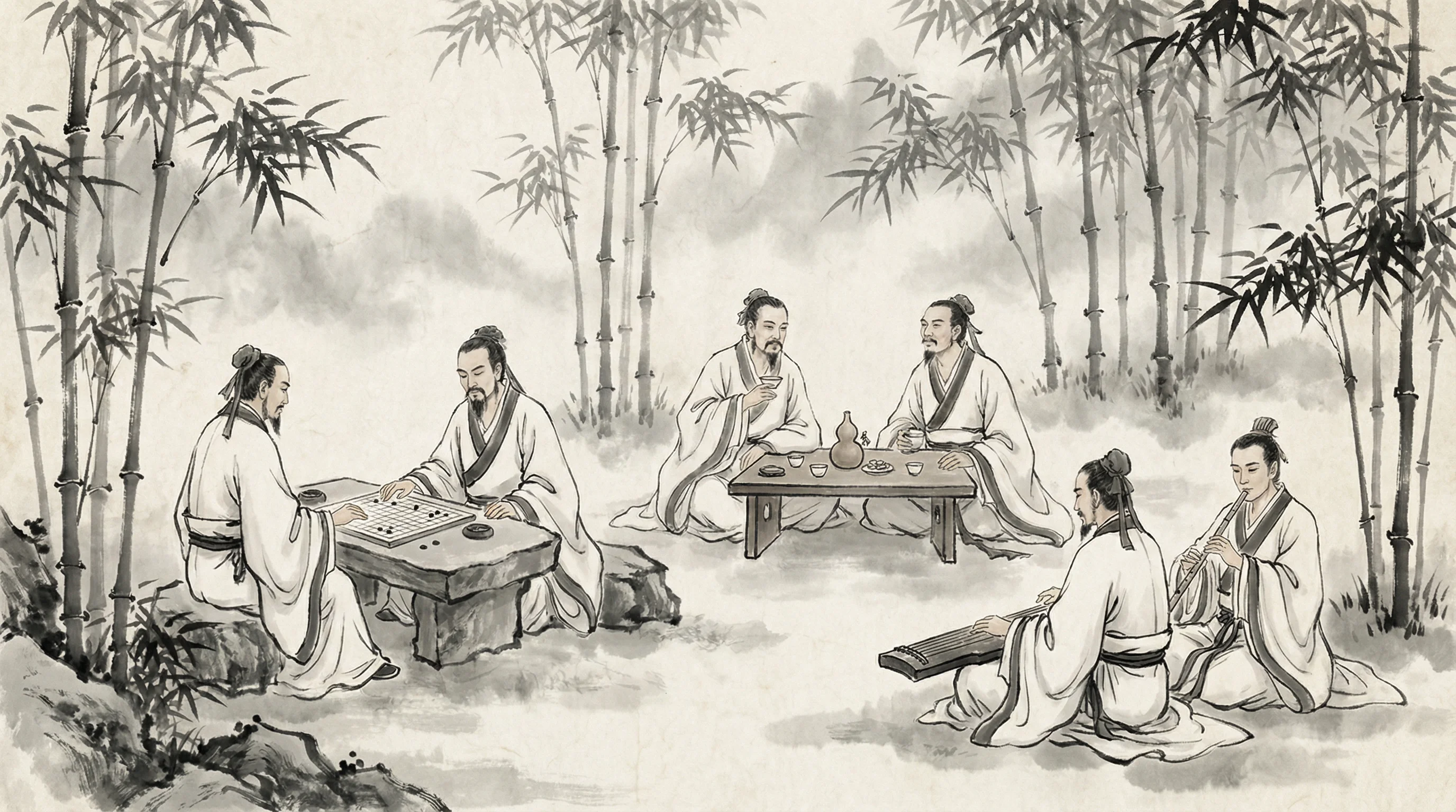 竹林七贤水墨画，隐士以棋会友，共参 天元棋牌 之道